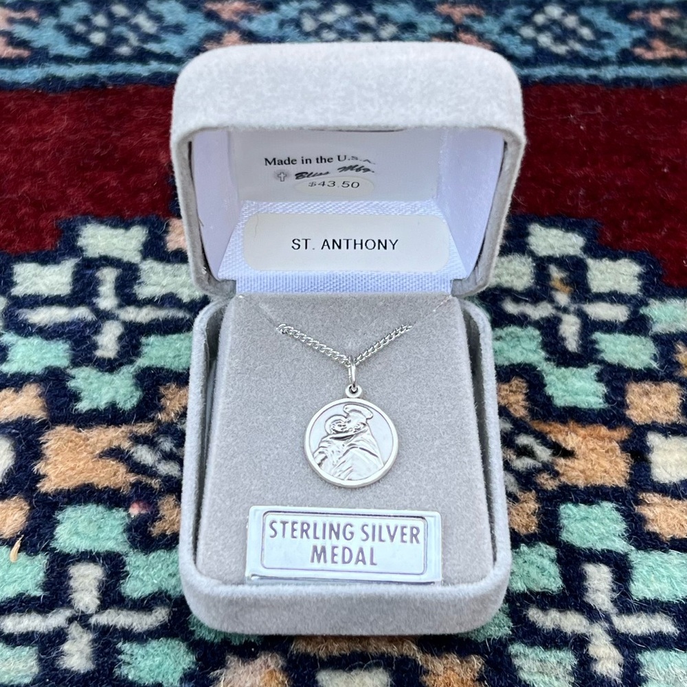 St. Anthony Small Sterling Silver Religious Medallion Necklace 18” Lite Chain